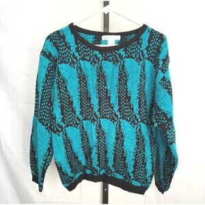 Jamie Scott Women's Sweater Size L Black and Turquoise Patterned Acrylic